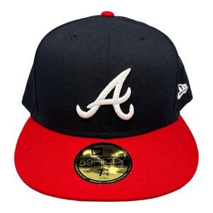 New Era 59Fifty Atlanta Braves Navy Blue Red Fitted Hat Men's Sz 7-3/4‎